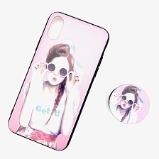 Чехол накладка для APPLE iPhone X, XS, силикон, с поп сокетом, рисунок Девушка в круглых очках.