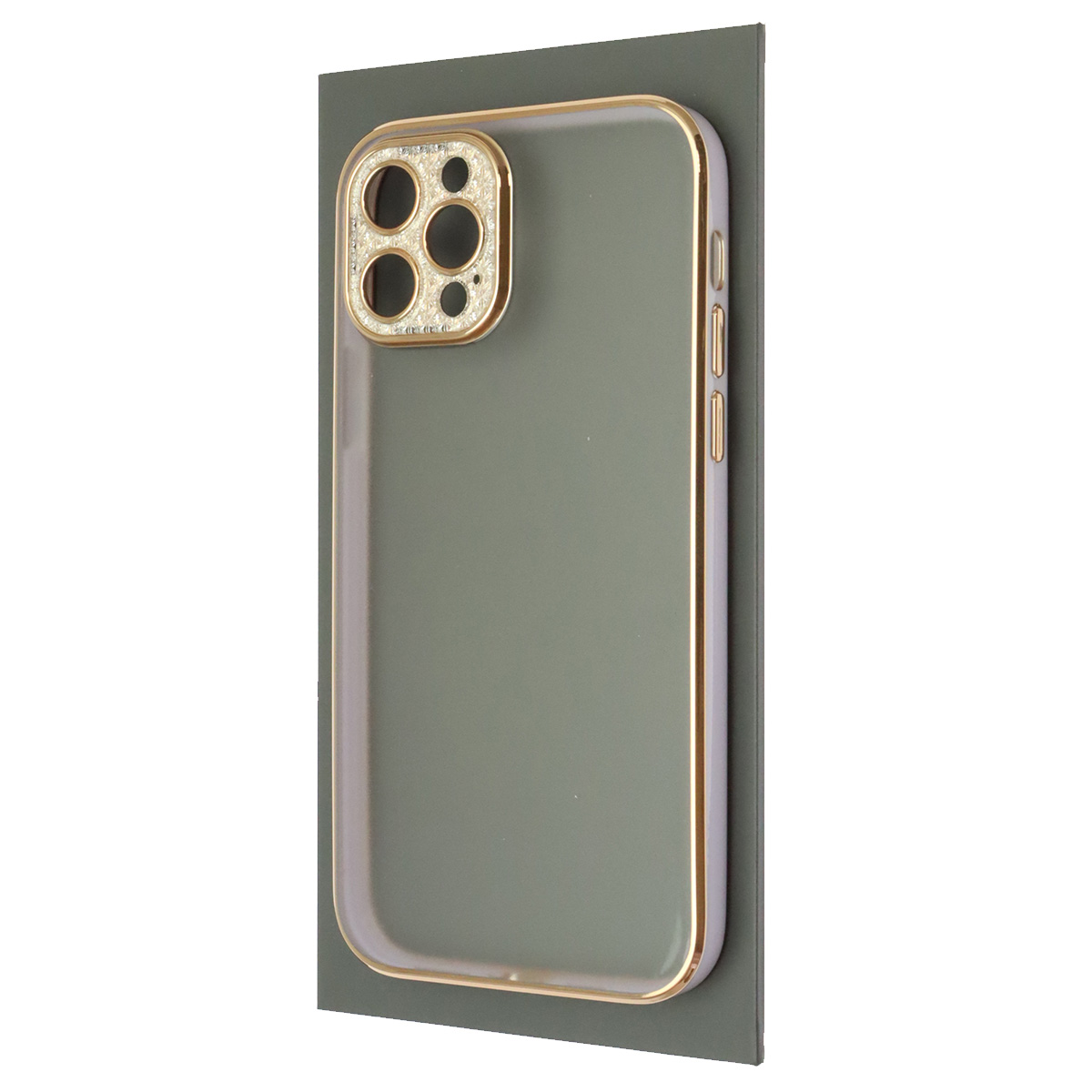 Чехол накладка для APPLE iPhone 12 Pro (6.1"), силикон, пластик, стразы, защита камеры, цвет окантовки светло фиолетовый