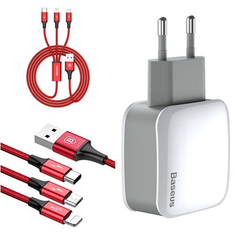 Сетевое ЗУ "Baseus" Letour 2USB 2,4A+Combo кабель 3 в1 3A 1.2m (microUSB+Lightning+Type C).