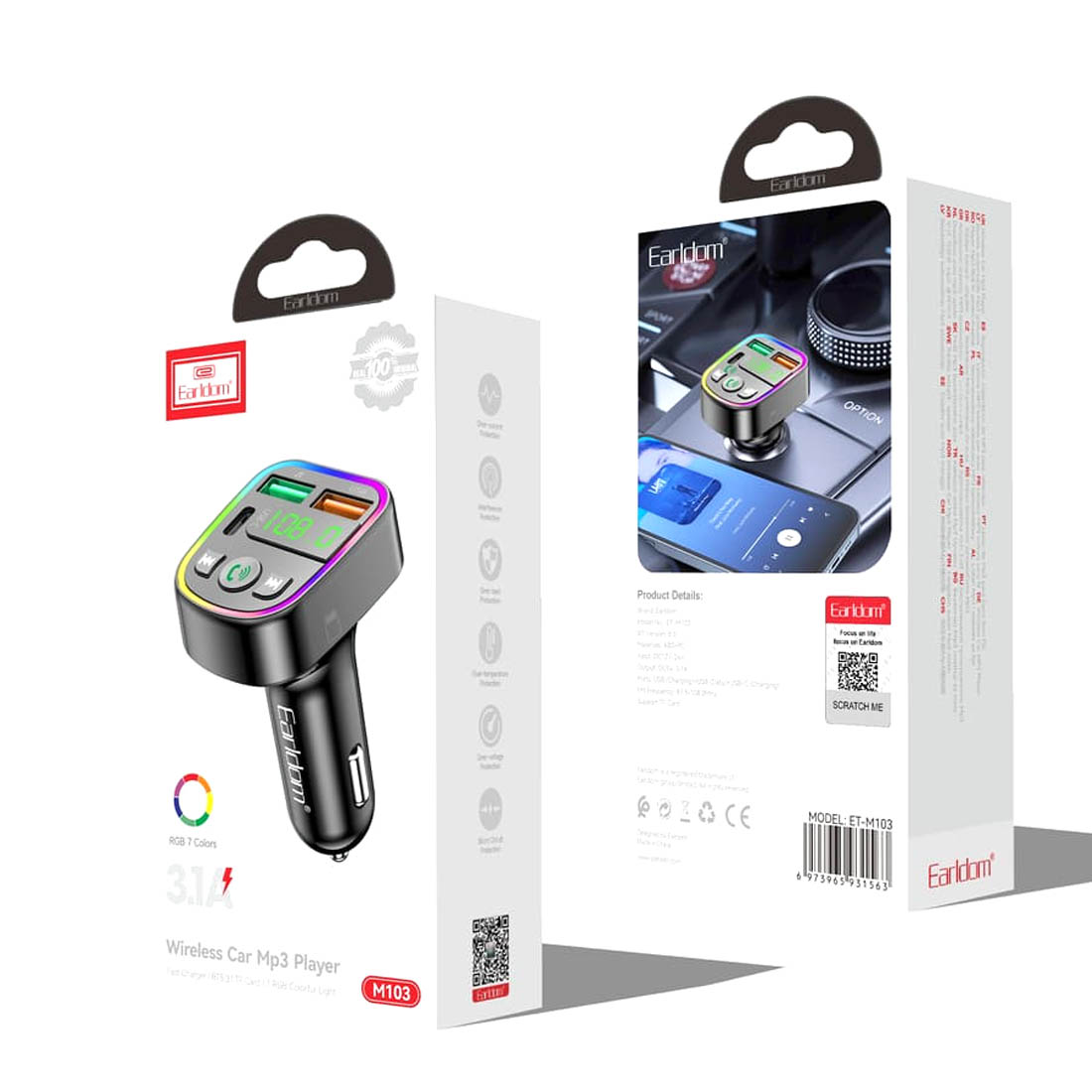 АЗУ (Автомобильное зарядное устройство) EARLDOM ET-M103 с FM-трансмиттером, 2 USB, Bluetooth, 1 USB Type C, TF Card, RGB подсветка, цвет черный