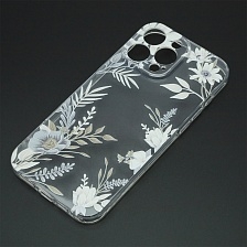 Чехол накладка для APPLE iPhone 16 Pro Max, защита камеры, силикон, прозрачный, рисунок Белые цветы