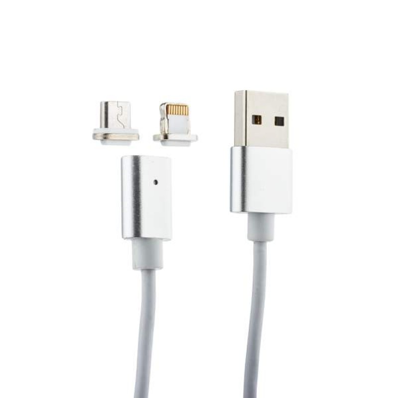 USB-кабель магнитный 2в1, Apple 8 pin/micro USB, пластик, 1.0 м, круглый, индикация заряда, серебрис.