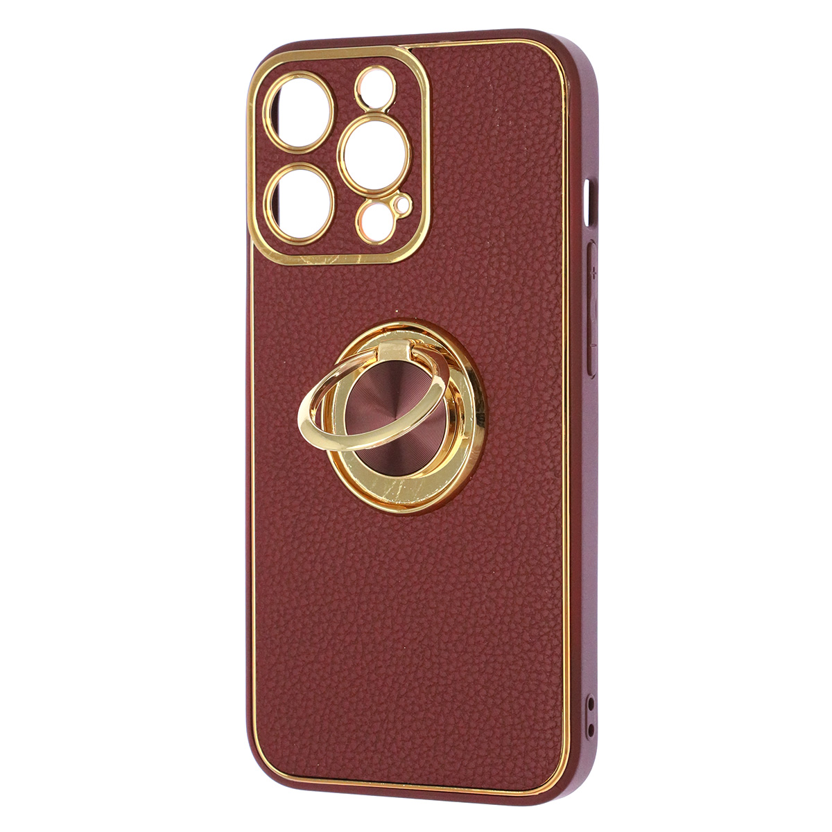 Чехол накладка для APPLE iPhone 13 Pro (6.1"), силикон, пластик, экокожа, металл, кольцо держатель, защита камеры, цвет темно бордовый
