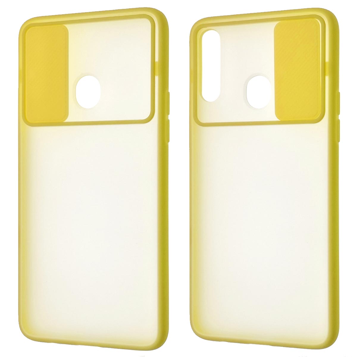Чехол накладка для SAMSUNG Galaxy A20s (SM-A207), силикон, пластик, матовый, со шторкой для защиты задней камеры, цвет окантовки желтый