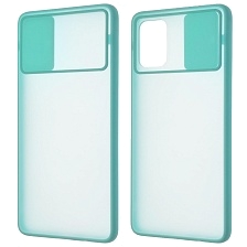 Чехол накладка для SAMSUNG Galaxy A71 (SM-A715), силикон, пластик, матовый, со шторкой для защиты задней камеры, цвет окантовки бирюзовый