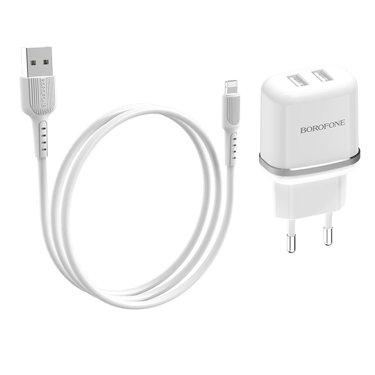 СЗУ (Сетевое зарядное устройство) BOROFONE BA25A с кабелем Lightning 8 pin, 2.4A, 2 USB, длина 1 метр, цвет белый | ВСЁ ПО 300