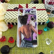 Чехол накладка для APPLE iPhone X, XS, силикон, рисунок MEOW кошка на плече у девушки