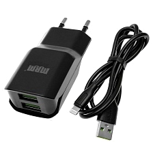 MRM MR24i СЗУ (сетевое зарядное устройство) на 2 USB порта 5V 2.4A MAX, + USB кабель lightning 8-pin, длина 1м, цвет черный.