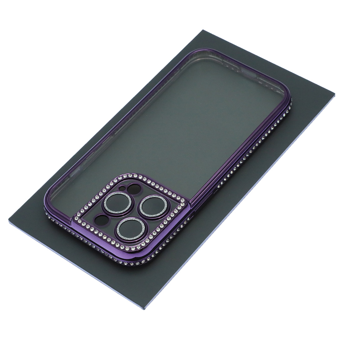 Чехол накладка для APPLE iPhone 14 Pro, силикон, стразы, защита камеры, цвет окантовки фиолетовый