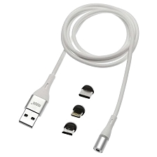 Магнитный зарядный кабель MRM 360 3 в 1, с магнитными насадками APPLE Lightning 8-pin, Micro USB, Type-C, цвет белый