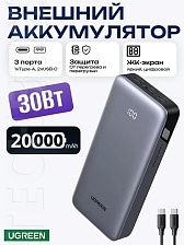 Внешний портативный аккумулятор, Power Bank UGREEN PB532, 20000 mAh, PD 30W, 22.5W, LED дисплей, цвет серый