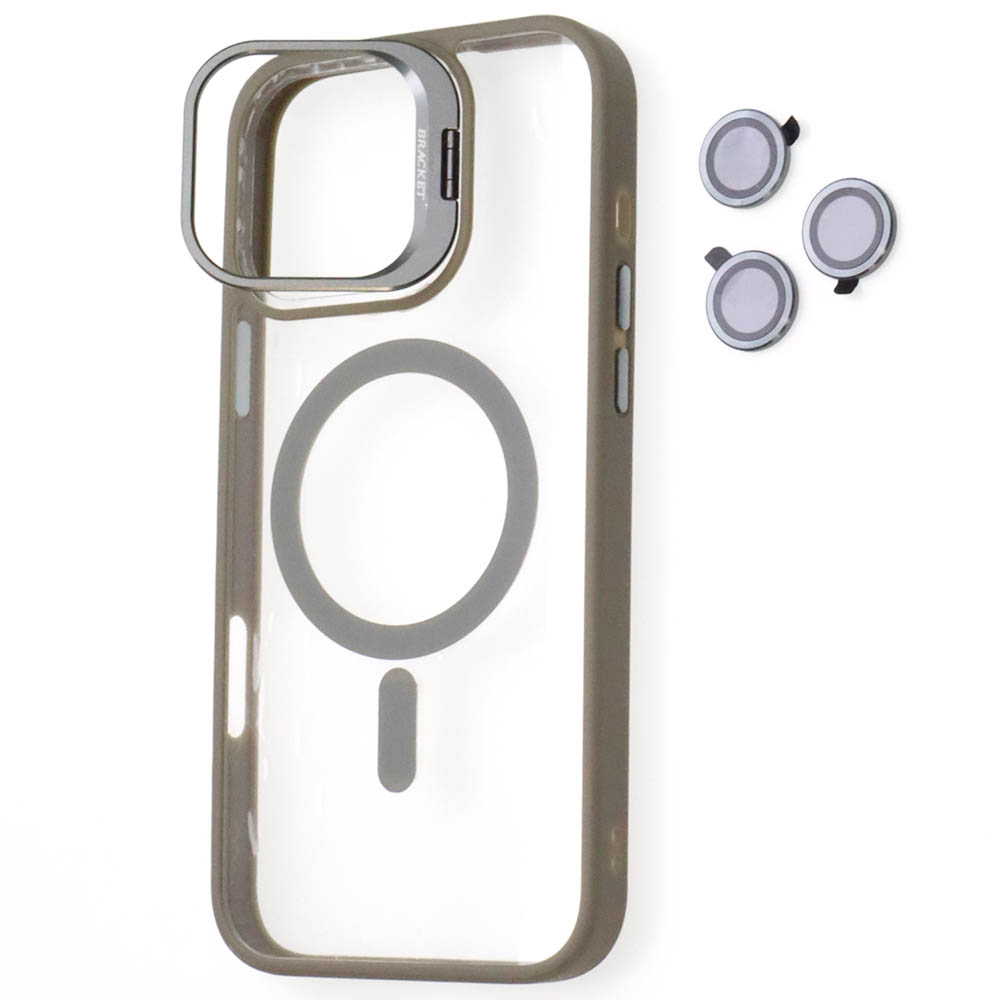 Чехол накладка BRACKET с поддержкой MagSafe для APPLE iPhone 16 Pro Max, защитные стекла камер, подставка, прозрачный, цвет окантовки темно серый Чехол накладка BRACKET с поддержкой MagSafe для APPLE iPhone 16 Pro Max, защитные стекла камер, подставка, прозрачный, цвет окантовки темно серый