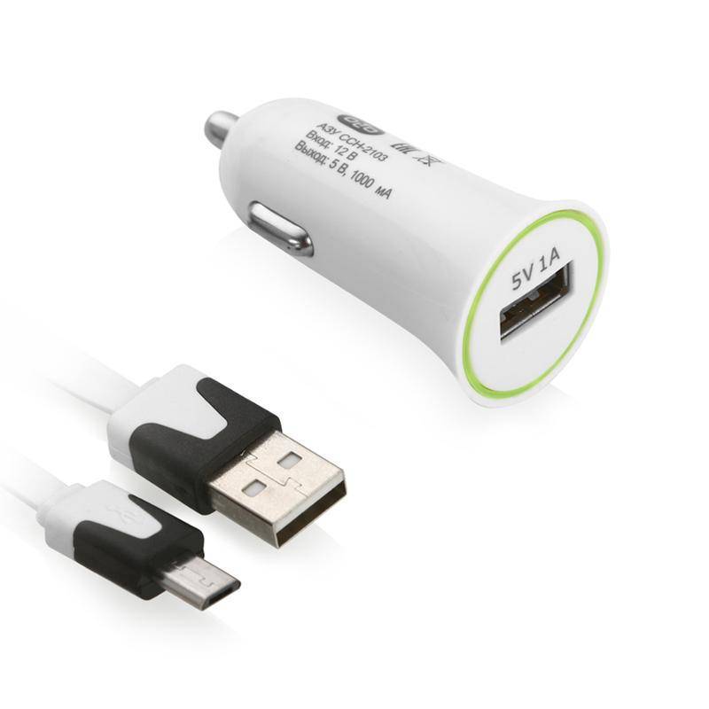 Автомобильное зарядное устройство OLTO 1A, с кабелем micro USB, цвет белый, CCH-2103 (УЦЕНКА)
