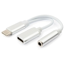 Аудиопереходник USB Type-C на 3,5 мм Mini Jack + на зарядку USB Type-C металл. (серебро/европакет).