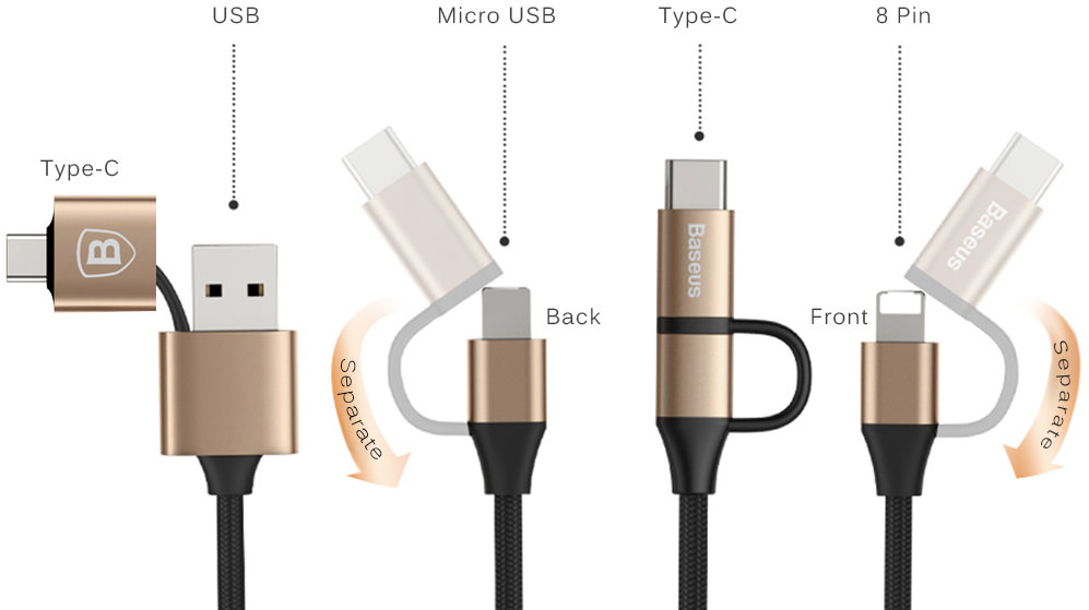 Переходник кабель "Baseus" 5 в 1 (1 метр кабель) microUSB/Lightning/USB-C цвет золотистый.