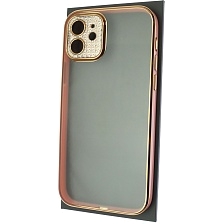 Чехол накладка для APPLE iPhone 12 (6.1"), силикон, пластик, стразы, защита камеры, цвет окантовки золотисто розовый