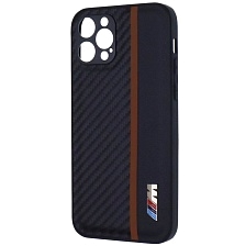 Чехол накладка для APPLE iPhone 12 Pro, силикон, карбон, экокожа, защита камеры, знак БМВ M серии, цвет черный с коричневой полоской Чехол накладка для APPLE iPhone 12 Pro, силикон, карбон, экокожа, защита камеры, знак БМВ M серии, цвет черный с коричневой полоской
