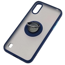Чехол накладка для SAMSUNG Galaxy A01 (SM-A015F), силикон, пластик, кольцо держатель, цвет окантовки темно синий