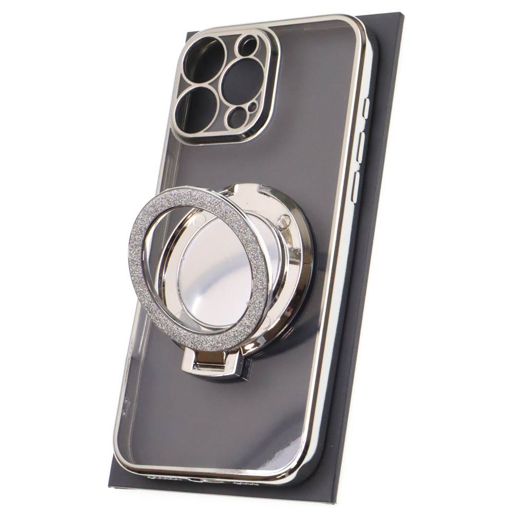 Чехол накладка для APPLE iPhone 16 Pro Max, силикон, защита камеры, кольцо держатель, прозрачный, цвет окантовки серебристый