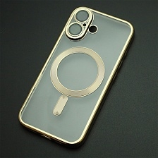 Чехол накладка FASHION CASE для APPLE iPhone 16, с поддержкой MagSafe, силикон, защита камеры, прозрачный, цвет окантовки золотистый