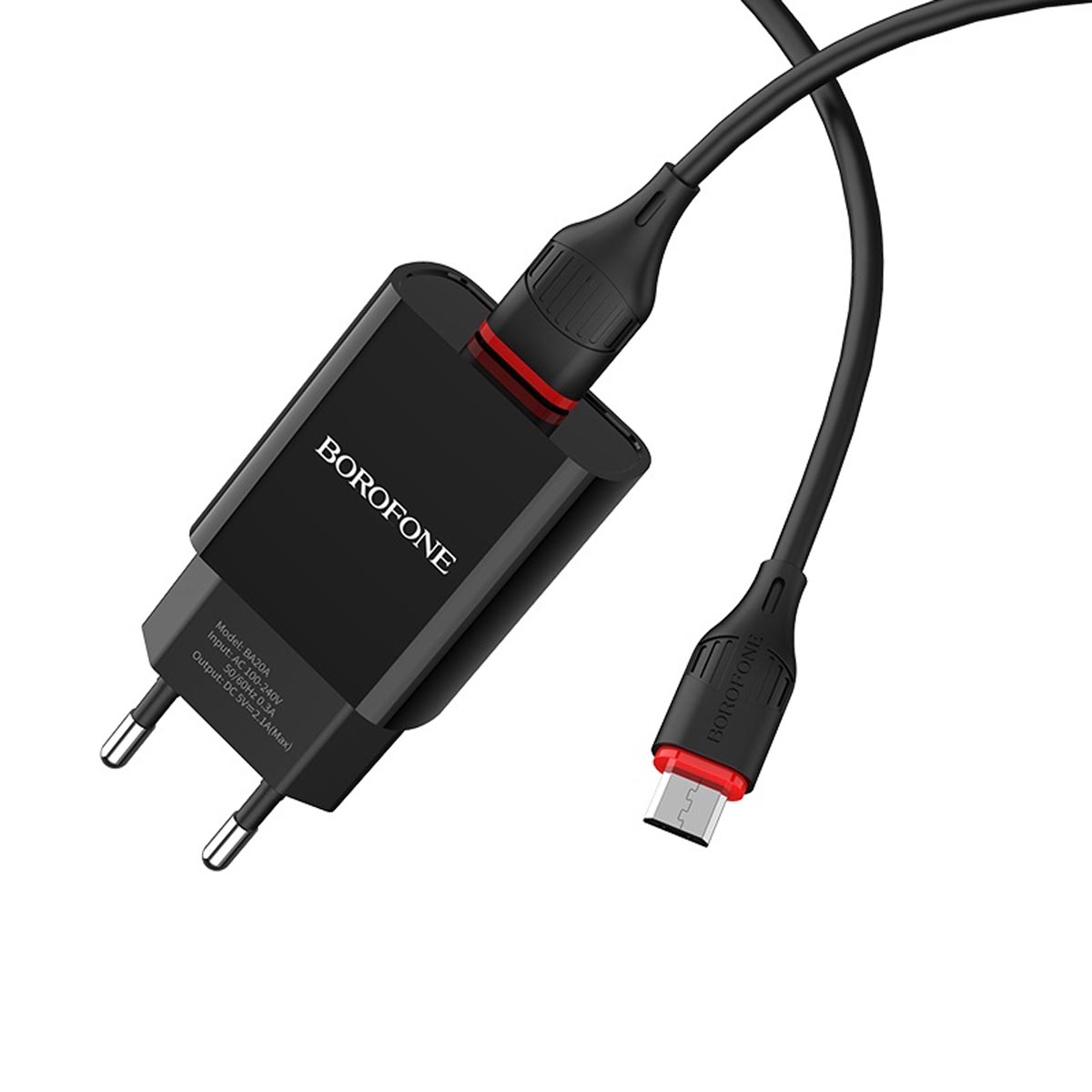 СЗУ (Сетевое зарядное устройство) BOROFONE BA20A Sharp с кабелем Micro USB, 2.1A, длина 1 метр, цвет черный