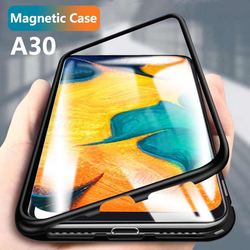 Магнитный чехол для SAMSUNG Galaxy A30 2019 (SM-A305), закаленное стекло, металл, цвет серебряный/прозрачный.