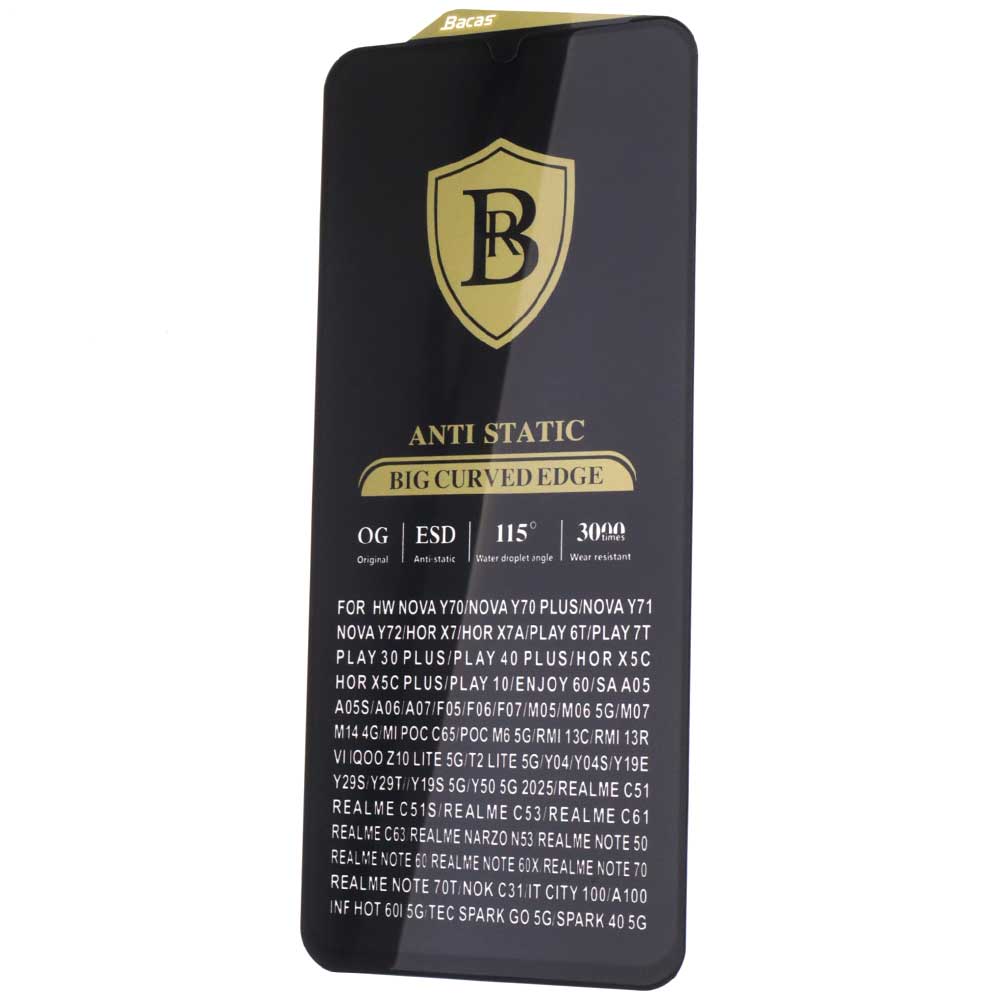 Защитное антистатическое стекло BACAS OG ESD QC F000 5/18 для XIAOMI Redmi 13C, POCO C65, HUAWEI Y72s, цвет окантовки черный