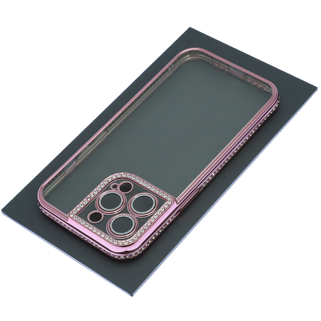 Чехол накладка для APPLE iPhone 13 Pro, силикон, защита камеры, стразы, цвет окантовки розовое золото