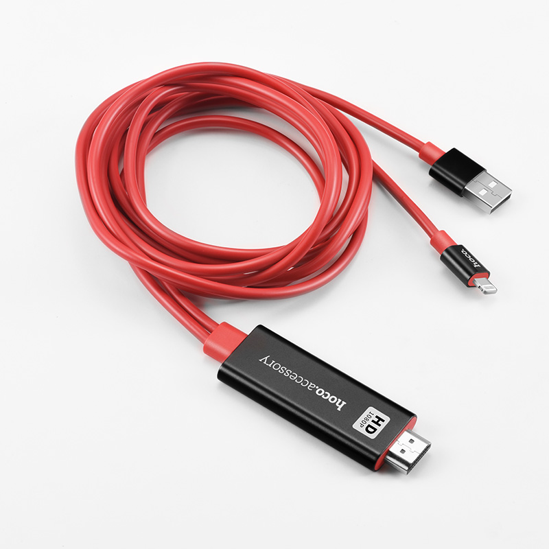 HOCO UA4 Apple lightning HDMI кабель-адаптер 2 метра 1080p выход 5V / 1A для вывода видео и аудио сигнала с устройств Apple с Lightning-разъемом, и питанием от USB-A, цвет красно-чёрный. HOCO UA4 Apple lightning HDMI кабель-адаптер 2 метра 1080p выход 5V / 1A для вывода видео и аудио сигнала с устройств Apple с Lightning-разъемом, и питанием от USB-A, цвет красно-чёрный.