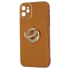 Чехол накладка для APPLE iPhone 11, силикон, пластик, экокожа, металл, кольцо держатель, защита камеры, цвет коричневый