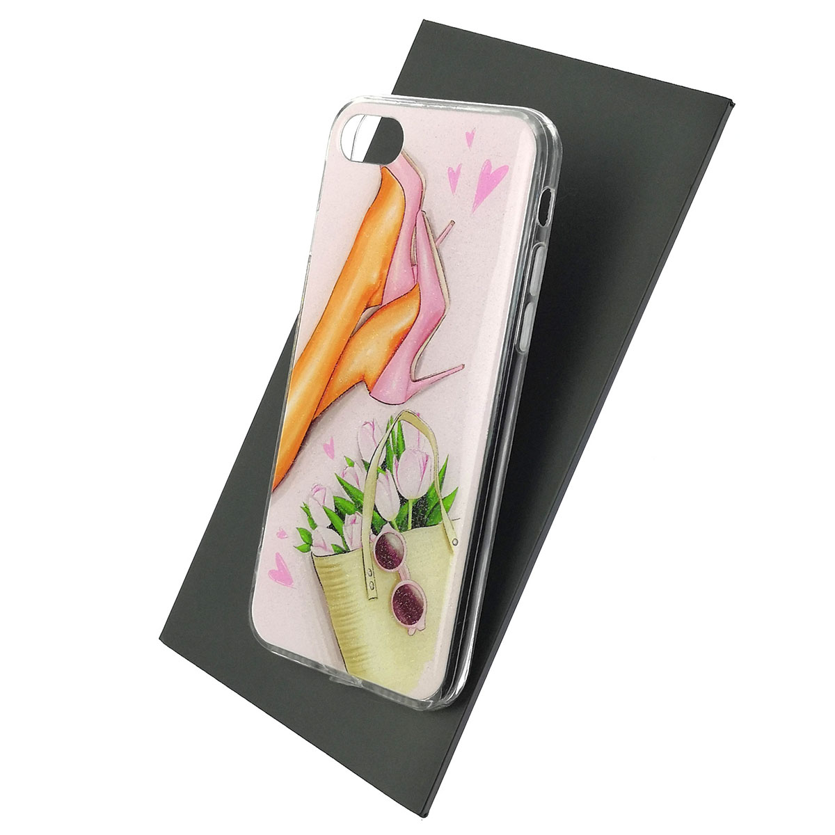 Чехол накладка для APPLE iPhone 7, iPhone 8, iPhone SE 2020, силикон, блестки, глянцевый, рисунок Туфли очки сумка