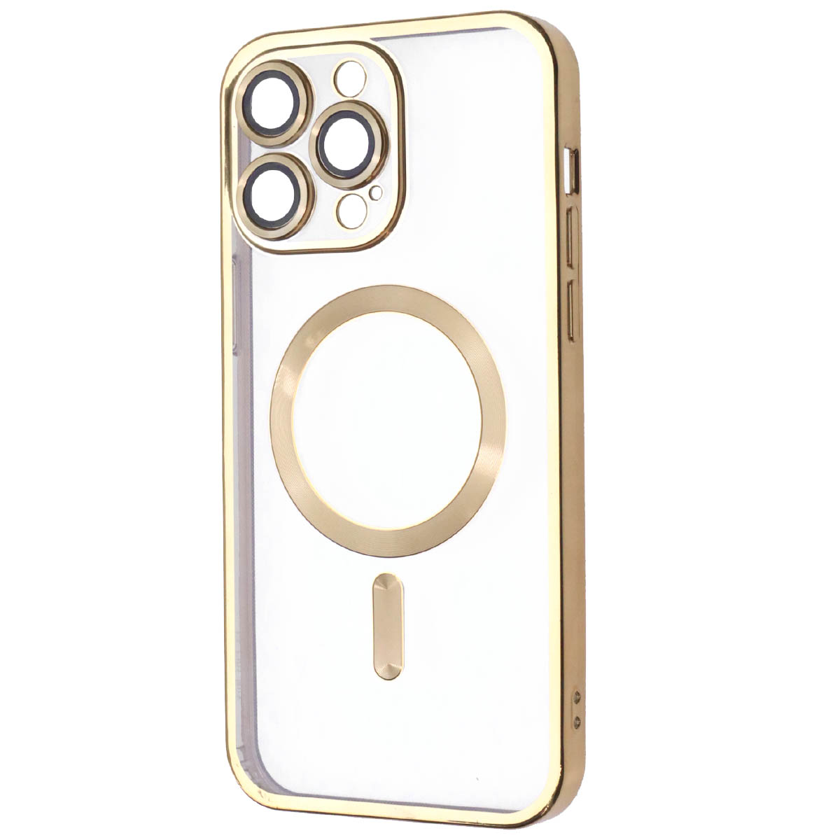 Чехол накладка FASHION CASE с поддержкой MagSafe для APPLE iPhone 14 Pro Max, силикон, защита камеры, цвет окантовки золотистый