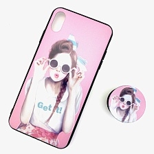 Чехол накладка для APPLE iPhone XS MAX, силикон, с поп сокетом, рисунок Девушка в круглых очках.