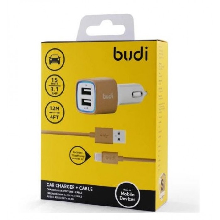 АЗУ "budi" 2.4A с 2 USB выходами (M8J065GLD Rev A00)+ кабель Apple 8 pin цвет золотистый.