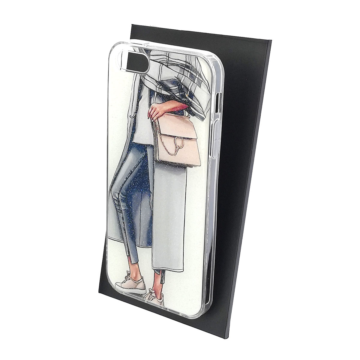 Чехол накладка для APPLE iPhone 5, iPhone 5G, iPhone 5S, iPhone SE, силикон, блестки, глянцевый, рисунок Кеды сумка пальто
