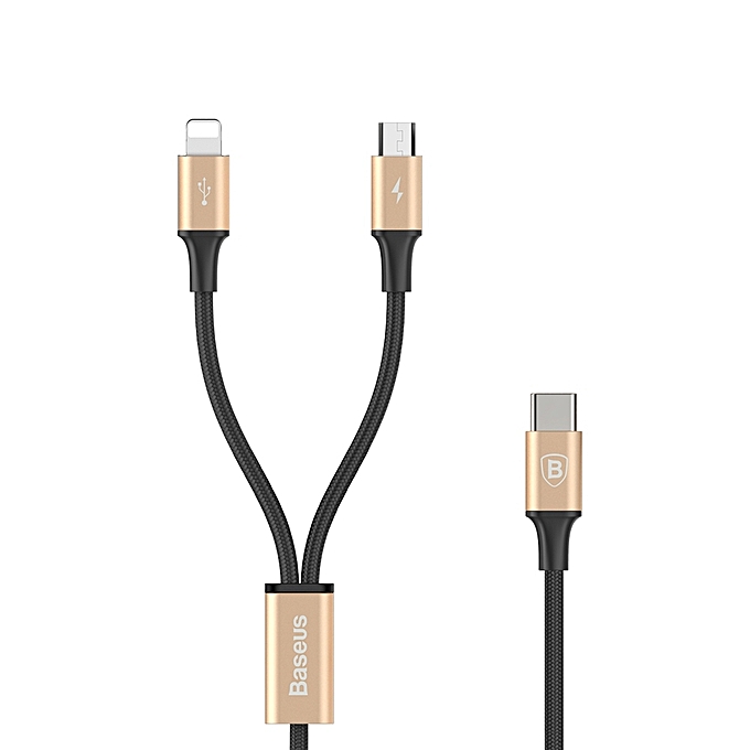 USB-Дата кабель "Baseus" Rapid Series Type-C 2 в 1 кабель 1.2M для Micro+Lightning цвет золотисто/чё.