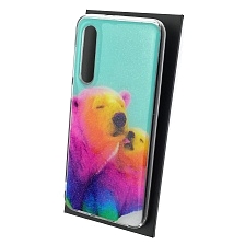 Чехол накладка для XIAOMI Mi 9 SE, силикон, глянцевый, блестки, рисунок Разноцветные медведи