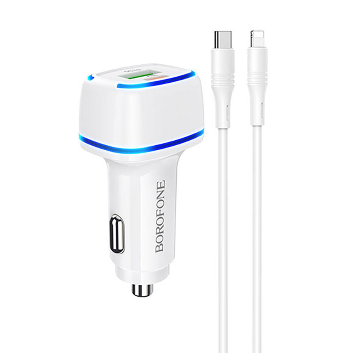 АЗУ (Автомобильное зарядное устройство) BOROFONE BZ14A Mercury c кабелем USB Type C на Lightning 8 pin, 20W, 1 USB, 1 USB Type C, длина 1 метр, цвет белый