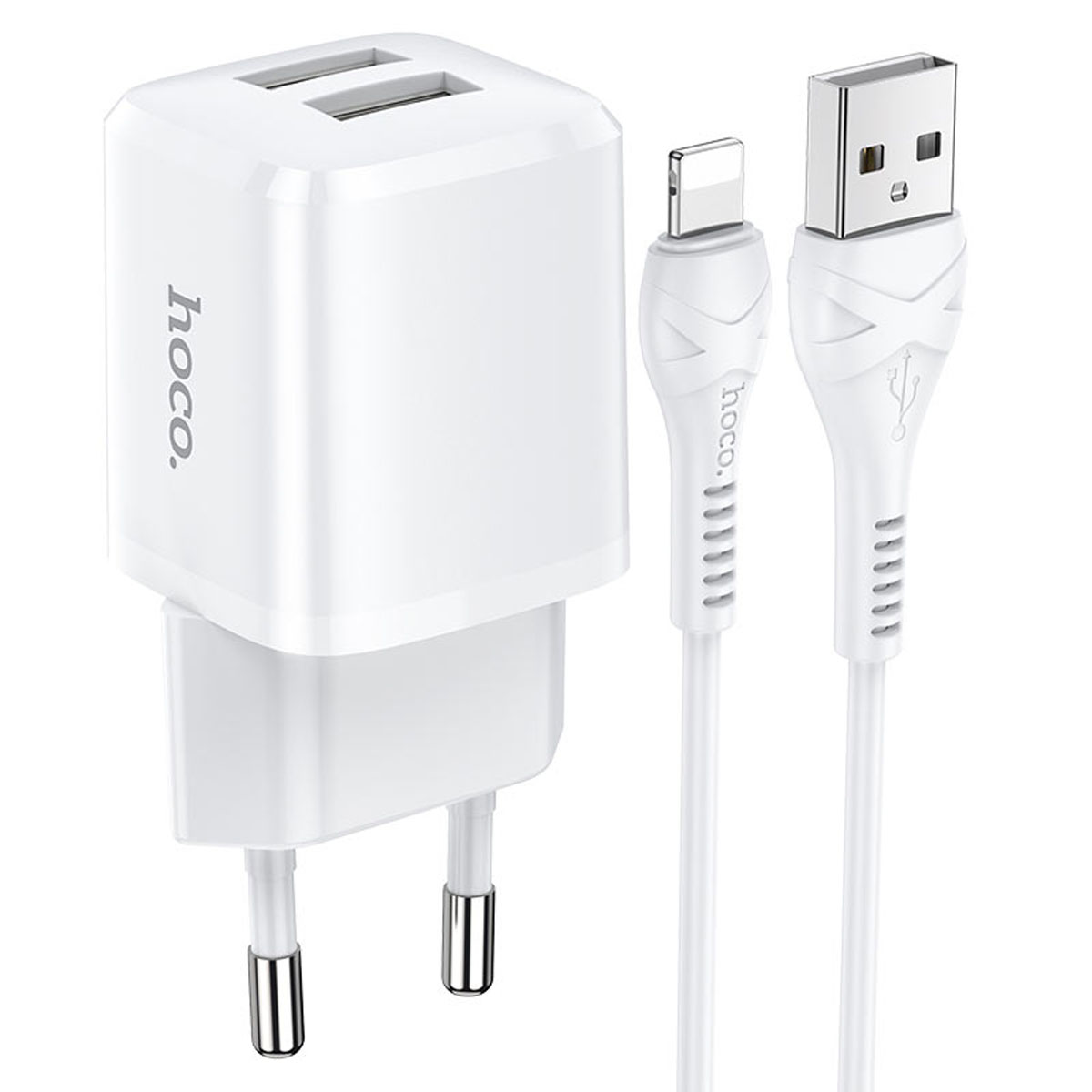 СЗУ (Сетевое зарядное устройство) HOCO N8 Briar с кабелем Lightning 8 pin, 2.4A, 2 USB, длина 1 метр, цвет белый