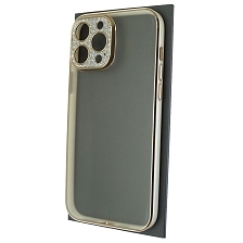 Чехол накладка для APPLE iPhone 13 Pro Max (6.7), силикон, пластик, стразы, защита камеры, цвет окантовки золотисто белый