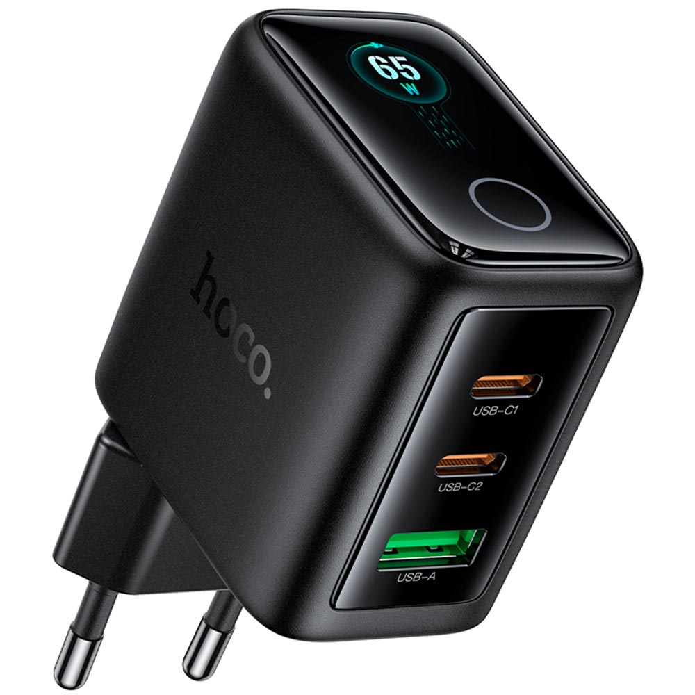 СЗУ (Сетевое зарядное устройство) HOCO N79 GaN Sapiencia, 2 USB Type C, 1 USB A, PD65W, QC3.0 18W, дисплей, кнопка, цвет черный