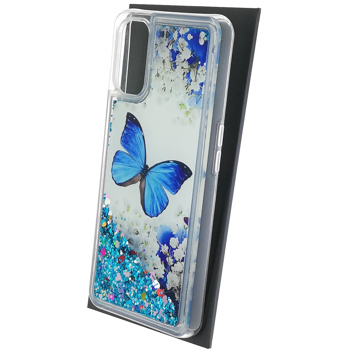 Чехол накладка для Realme 7 Pro, силикон, переливашка, блестки, рисунок синяя бабочка и цветы