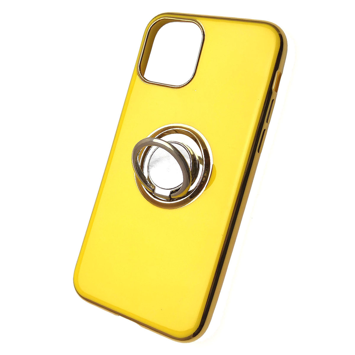 Чехол накладка для APPLE iPhone 11 Pro, силикон, глянец, с лого, металлическое кольцо, цвет желтый.