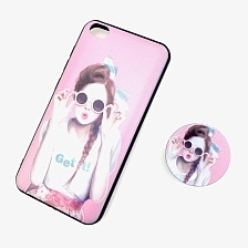 Чехол накладка для XIAOMI REDMI GO, силикон, попсокет, рисунок девушка в очках, цвет розовый.