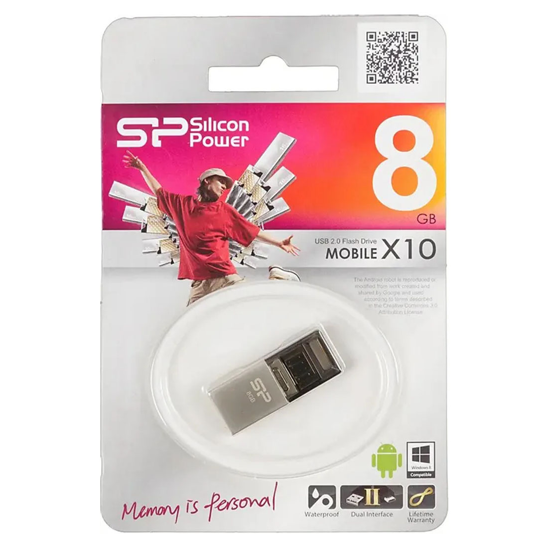 Флешка 8GB SILICON POWER MOBILE X10, 2 разъема (USB A, Micro USB), функция OTG, цвет черно серебристый