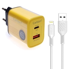 СЗУ (Сетевое зарядное устройство) EARLDOM ES-EU40I с кабелем Lightning 8 pin, PD20W, QC3.0 15W, 1 USB, 1 USB Type C, длина 1 метр, цвет черно желтый
