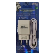 СЗУ (Сетевое зарядное устройство) ASPsmcon A001 V8 с кабелем Micro USB, 2.1A, 1 USB, длина 1 метр, цвет белый