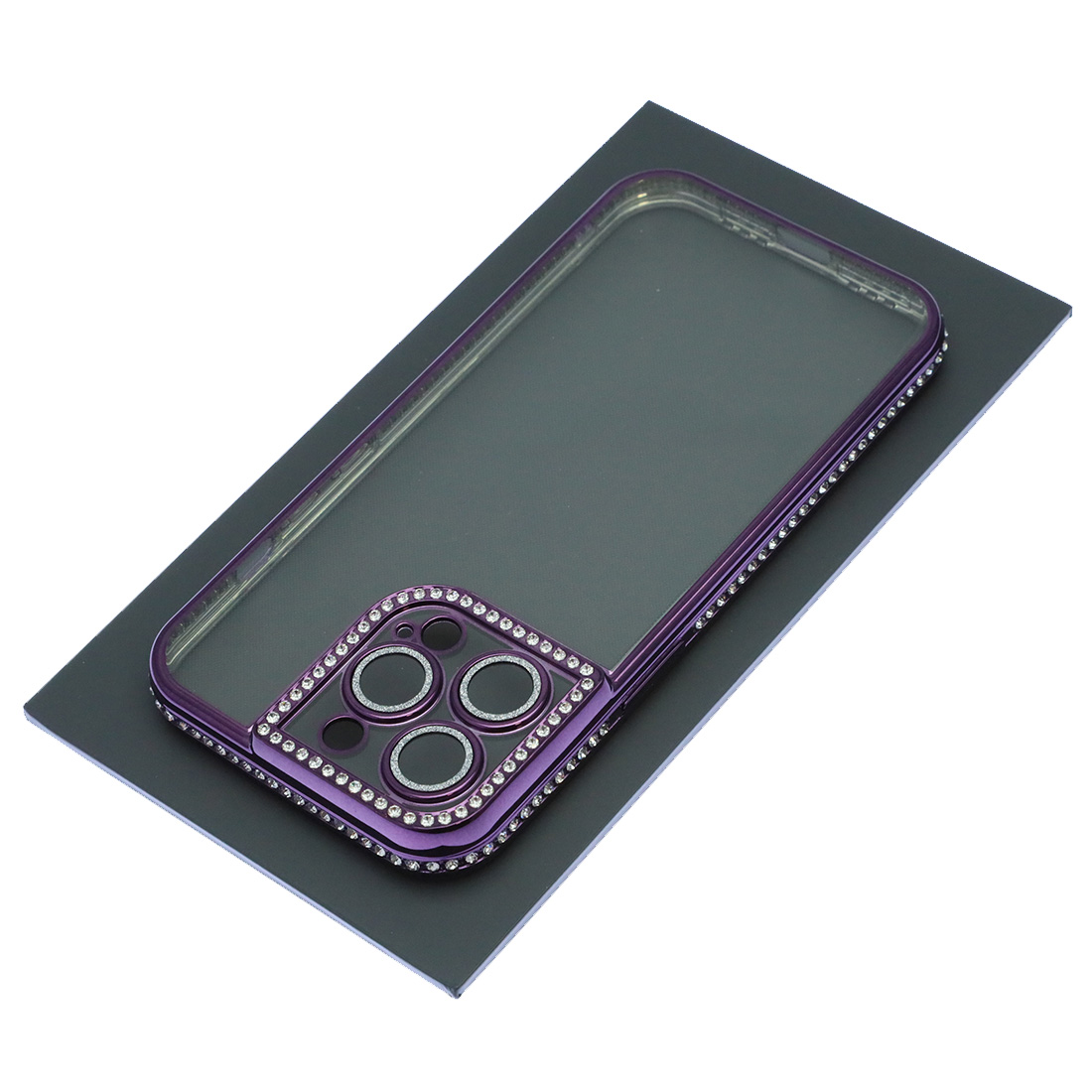 Чехол накладка для APPLE iPhone 13 Pro, силикон, защита камеры, стразы, цвет окантовки фиолетовый