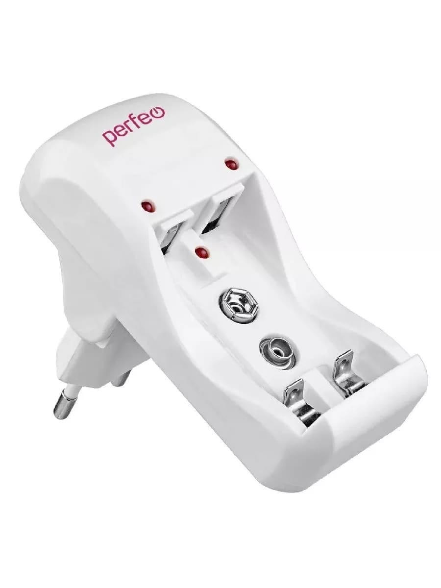 Зарядное устройство Perfeo CHARGER PF-VN-210 на 2 аккумулятора типа Ni-MH/CD типаразмеров AAA, AA и 1 слота крона 9V (6F22), работает от сети 220В, индикация заряда, таймер автоотключения, цвет белый