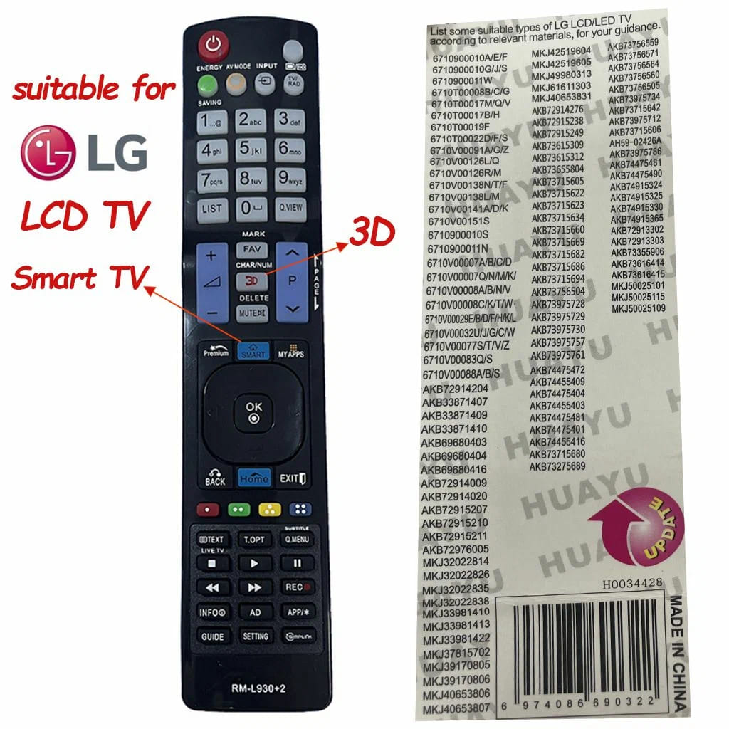 Пульт ДУ универсальный HOD1386 RM-L999 RU, RM-L930+2 для всех телевизоров LG, с подсветкой кнопок, цвет черный